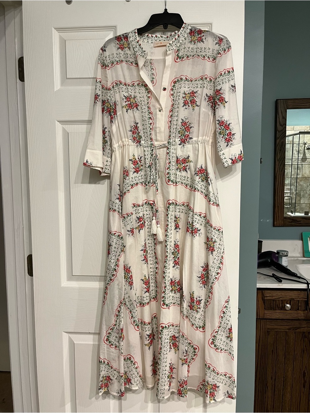 Tory Burch White Maxi Dress with Red & Green Floral Print